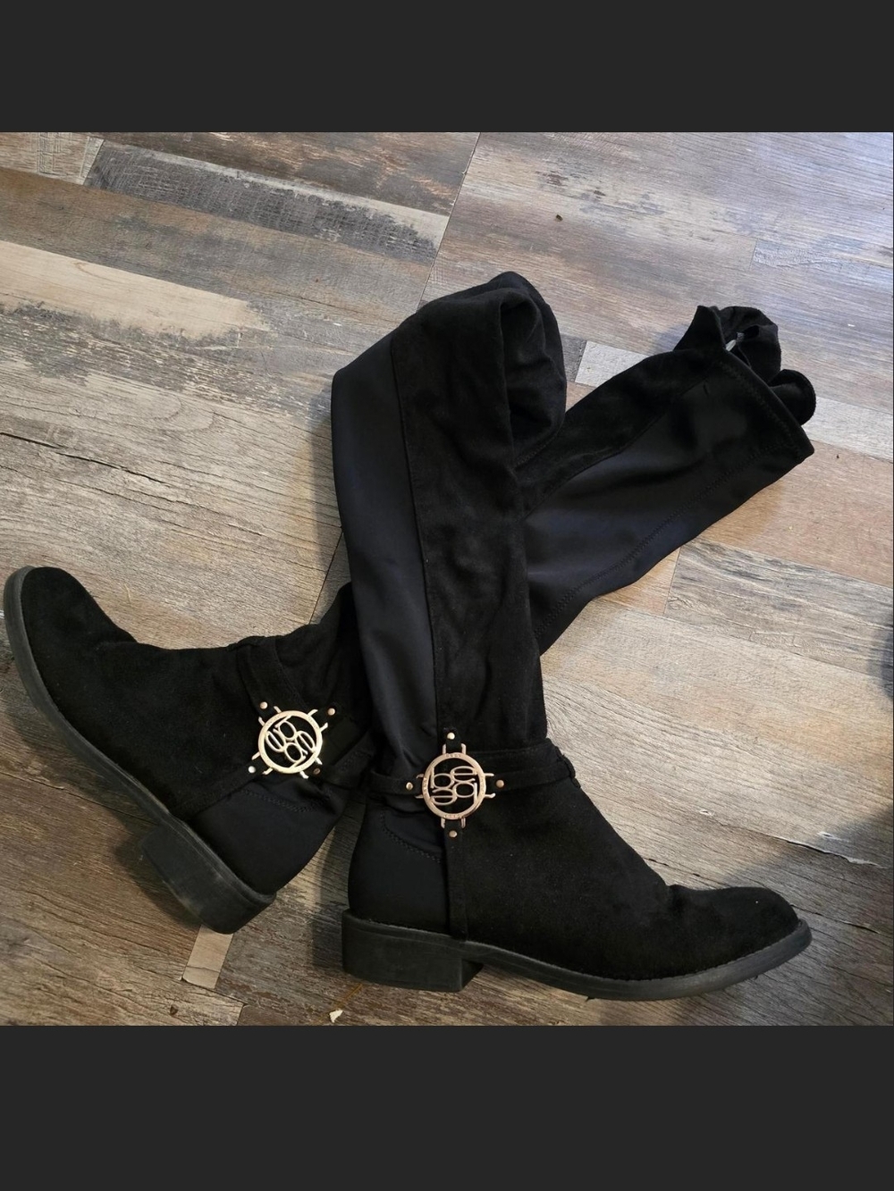 bebe Black Over-the-Knee Boots with Gold Emblem Strap